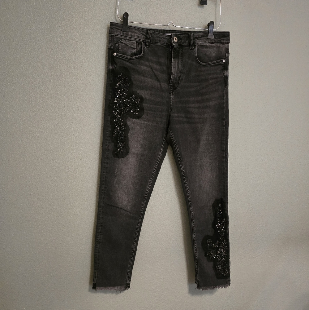Zara Charcoal Embellished Cropped Jeans